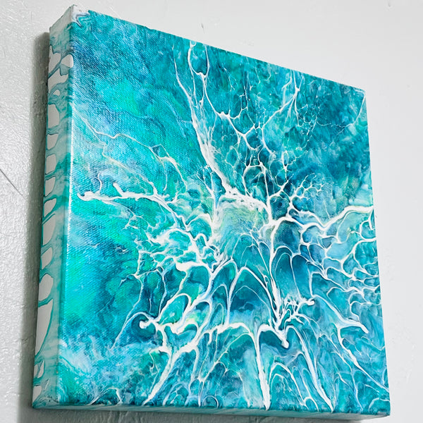Celestial Currents – 10x10 Abstract Aqua Acrylic Painting | Fluid Art with Bloom Technique