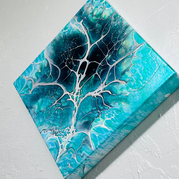 Ocean Bloom – 10x10 Abstract Acrylic Painting in Turquoise and Teal | Fluid Art Wall Deco