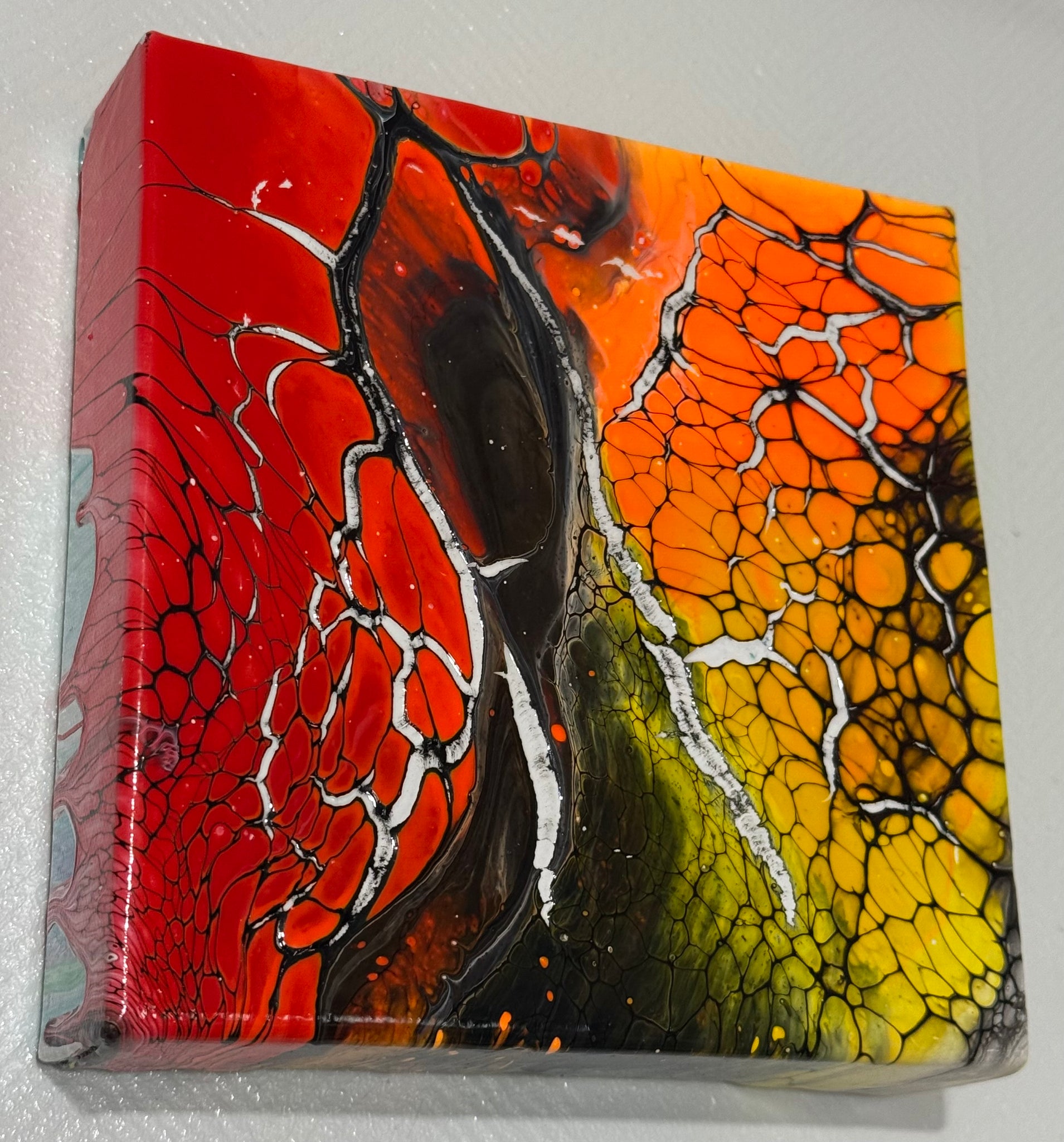 Inferno Bloom – 6x6 Abstract Acrylic Painting on Canvas | Bloom Technique Fluid Art
