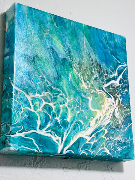 Emerald Surge – 10x10 Abstract Aqua and Teal Acrylic Painting | Fluid Art with Bloom Technique