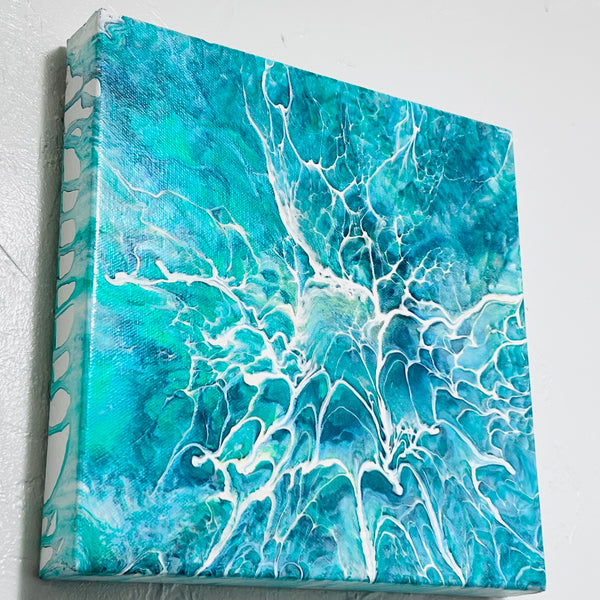 Celestial Currents – 10x10 Abstract Aqua Acrylic Painting | Fluid Art with Bloom Technique
