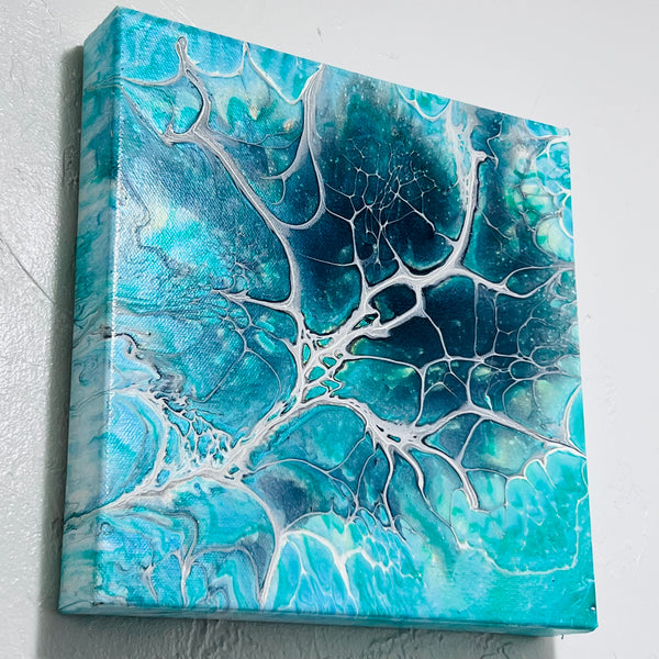 Ocean Bloom – 10x10 Abstract Acrylic Painting in Turquoise and Teal | Fluid Art Wall Deco