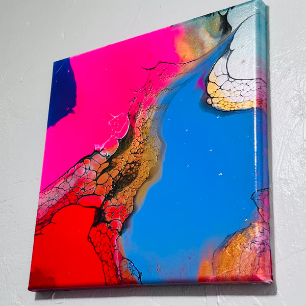 Crimson Horizon – 12x12 Abstract Acrylic Painting on Gallery Wrapped Canvas | Fluid Art with Swipe Technique