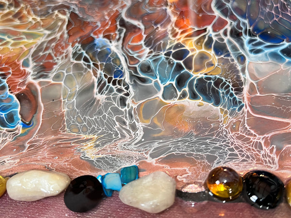 Constellations of Resilience – Large 16x48 Abstract Galaxy Painting | Mixed Media Acrylic Pour with Gemstones & Resin